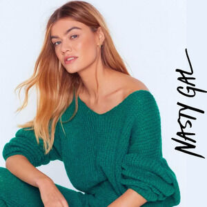 Nasty Gal NWT Sunday Mornings Emerald Green Oversized Cropped Sweater, M…
